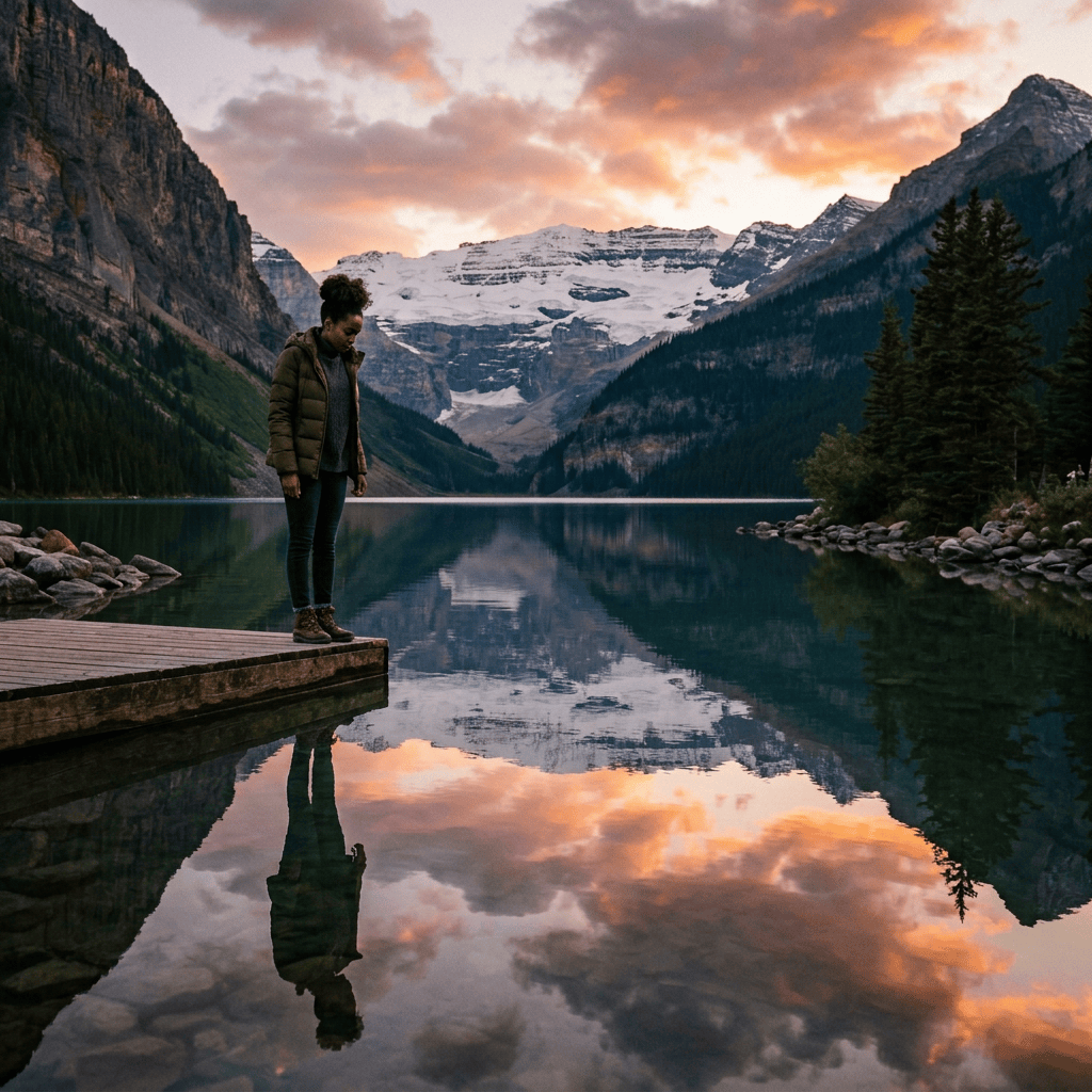 Person standing on a dock beside a reflective alpine lake