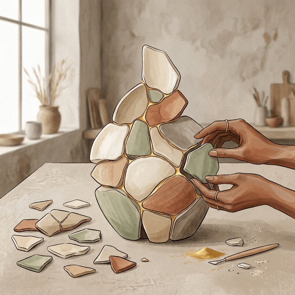 Hands arranging colorful ceramic pieces into a sculptural mosaic