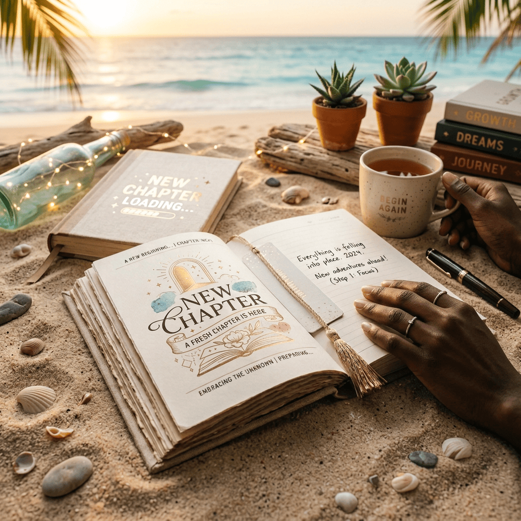 Open journal reads “75% LOADING,” “Everything is falling into place, 2024,” and “New adventures ahead.”